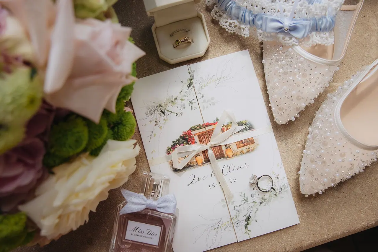 Flat lay of Zoe and Oliver's wedding invitation, rings, beaded shoes and Miss Dior perfume