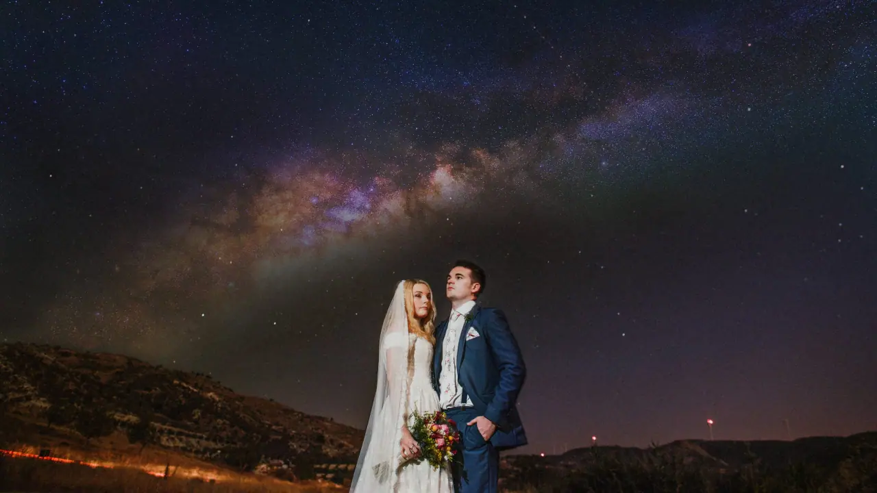 Stephanie and Jack under the Milky Way in the hills near Vasilias Nikoklis Inn, Kouklia