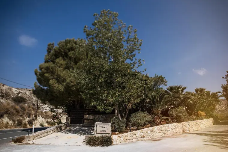 Tree-shaded entrance and roadside sign of Vasilias Nikoklis Inn under a blue sky, Paphos