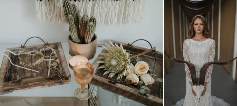 Boho styling at Aelia: macramé, cactus, protea and peach roses beside a bride in a fringed dress