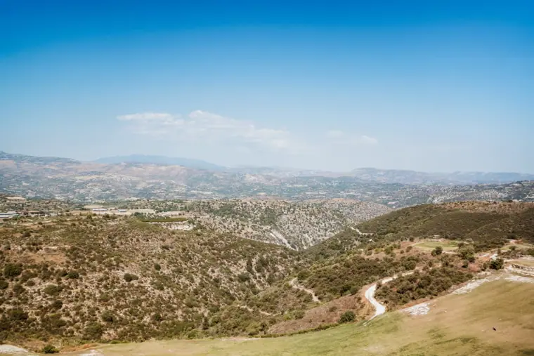 Panoramic view over the rolling hills and valleys around Minthis, Paphos