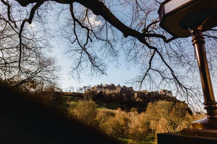 Edinburgh Castle seen through bare winter branches from Princes Street Gardens