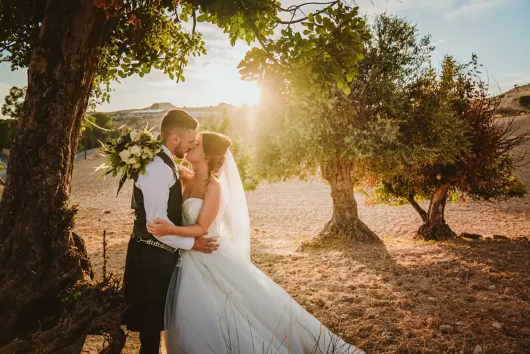 Couple embracing beneath an old olive tree as the sun flares through the branches
