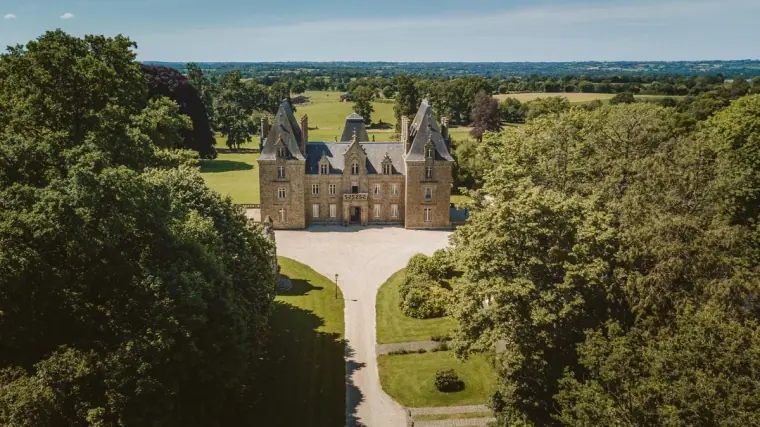 Aerial view of Château de la Basmaignée with its tree-lined drive and surrounding French countryside