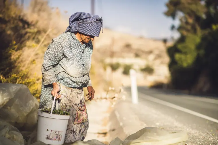 Elderly woman in a headscarf carrying a bucket along a country roadside