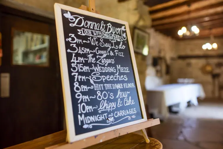 Chalkboard order of the day for Donna and Byron's wedding inside the stone inn