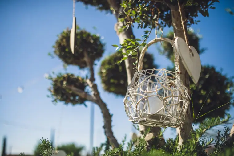 Glass lantern and hanging wooden hearts decorating a tree against a blue sky at Liopetro