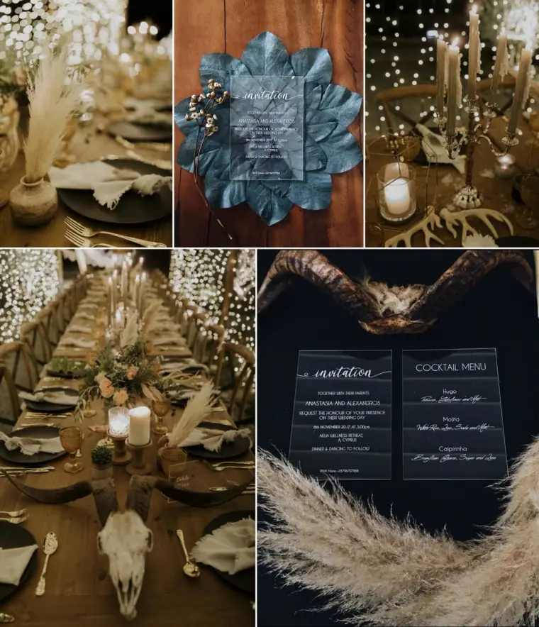 Collage of a rustic tablescape with pampas grass, an ox skull, candles and acrylic menus