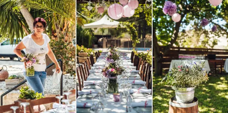 Collage of a woman carrying flowers, a long table under paper lanterns and potted blooms at Vasilias Nikoklis Inn