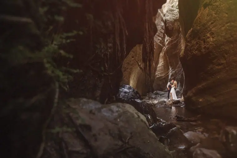 Couple in wedding clothes standing on rocks in a dark, narrow forest gorge