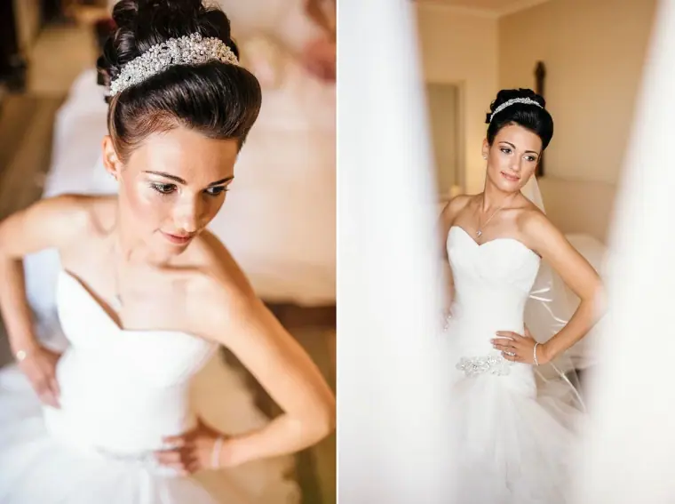 Diptych of the bride in her strapless gown and tiara, posing hand on hip