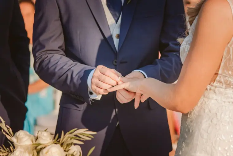 Close-up of the groom placing the wedding ring on the bride's finger