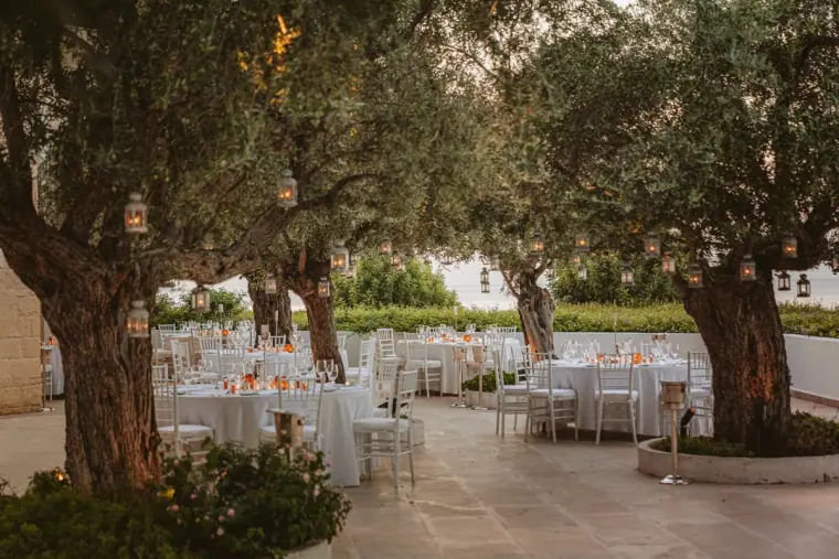 Round reception tables set beneath olive trees at Anassa Hotel, Latchi