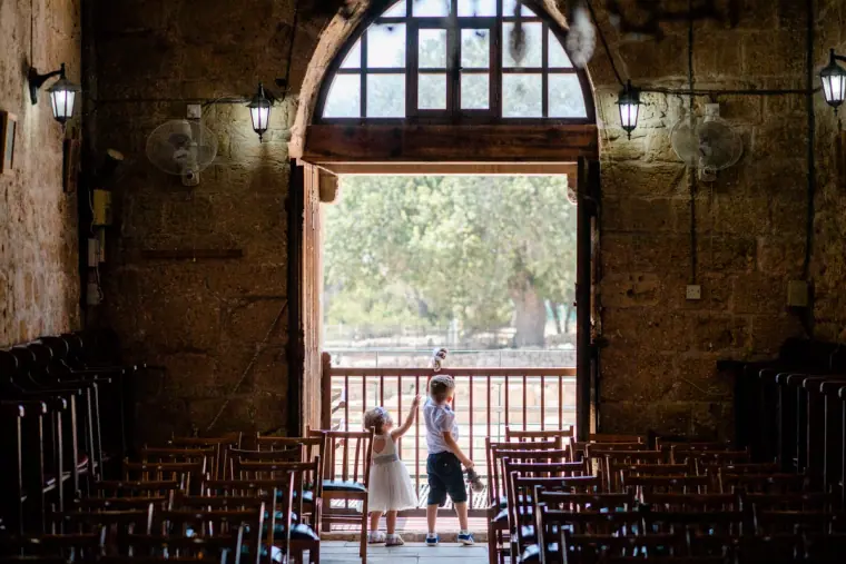 Interior of Ayia Kyriaki church looking towards the arched doorway, Paphos