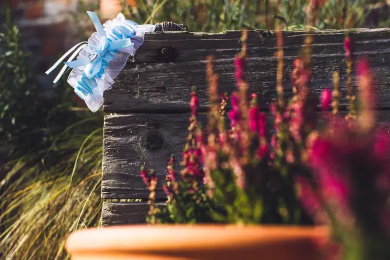 Blue lace garter hanging on a wooden planter above pink heather