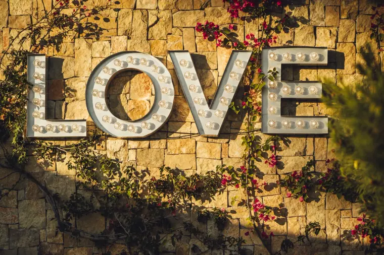 Light-up LOVE marquee letters on a stone wall with bougainvillea