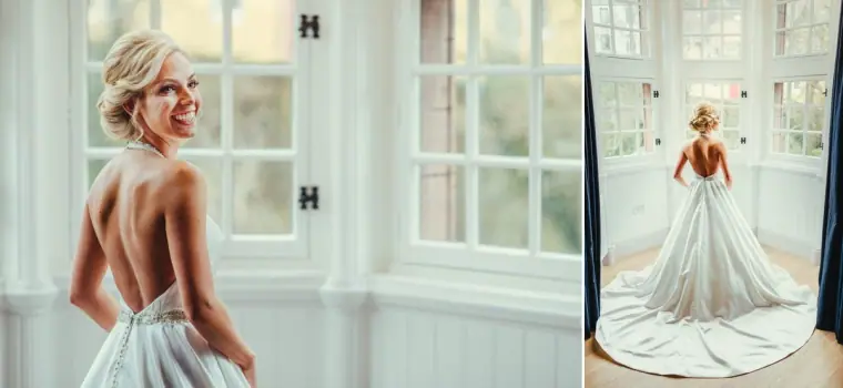 Diptych of Leonnie in her open-backed gown and full-length train by tall windows