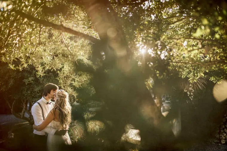 Bride and groom embracing beneath sunlit trees