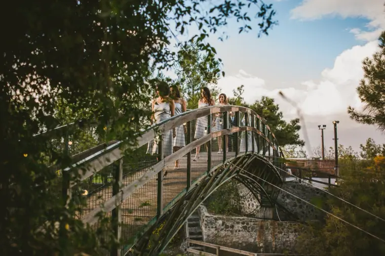 Arched wooden footbridge among trees at Lexeko Estate, Cyprus