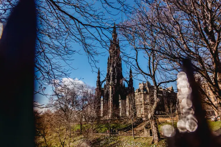 Scott Monument seen through bare trees in Princes Street Gardens, Edinburgh
