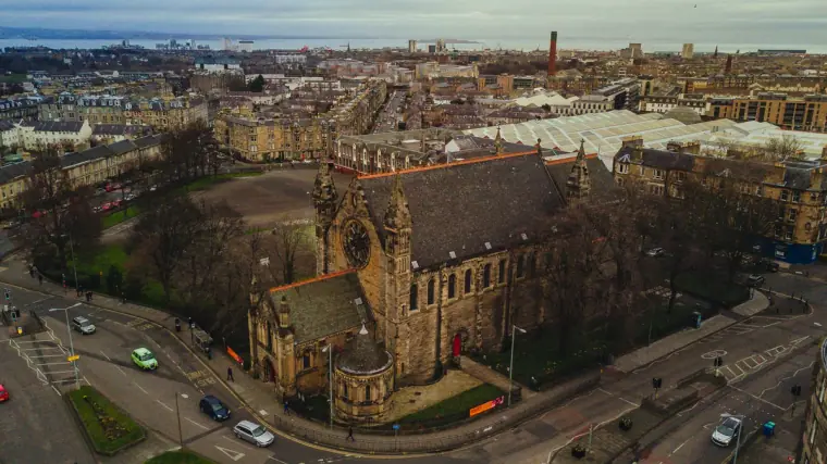 Aerial view over Edinburgh rooftops towards Mansfield Traquair