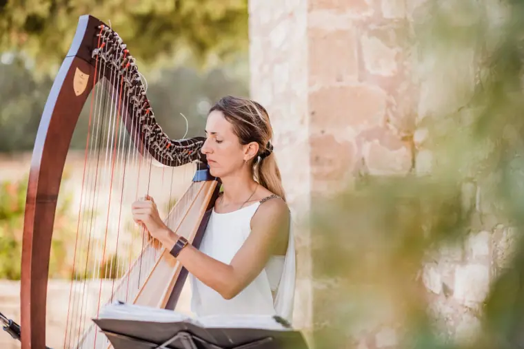 Harpist performing beside the old stone walls of the monastery