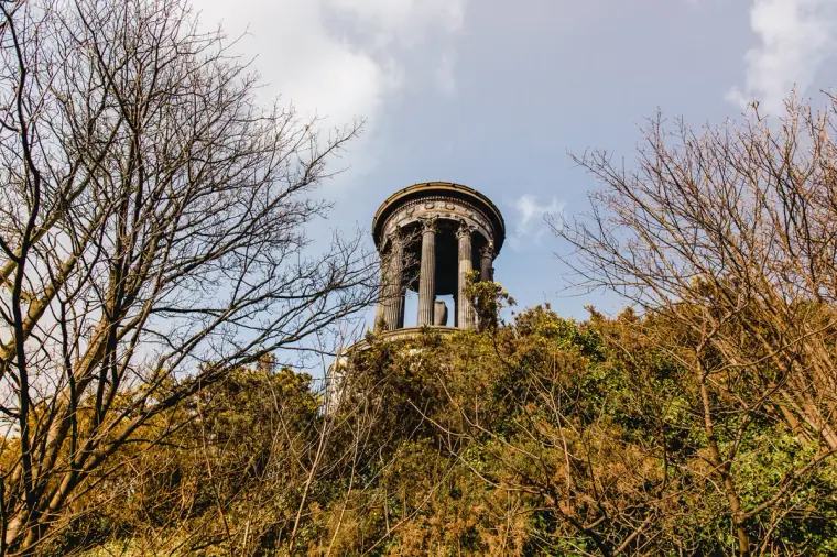 Dugald Stewart Monument on Calton Hill among bare trees and gorse