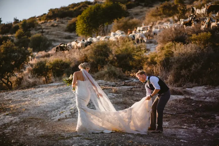 Groom lifting the bride's long train on a rocky hillside as goats graze