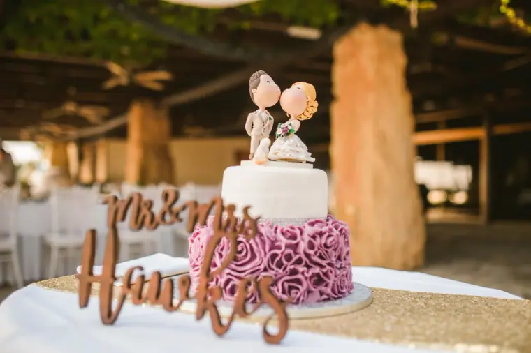 Pink ruffled wedding cake with a couple cake topper and wooden Mr & Mrs sign