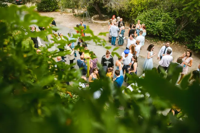 Guests gathering on a path among trees after the ceremony, seen through leaves