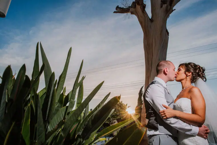 Louise and Mike kissing beside palm leaves at sunset