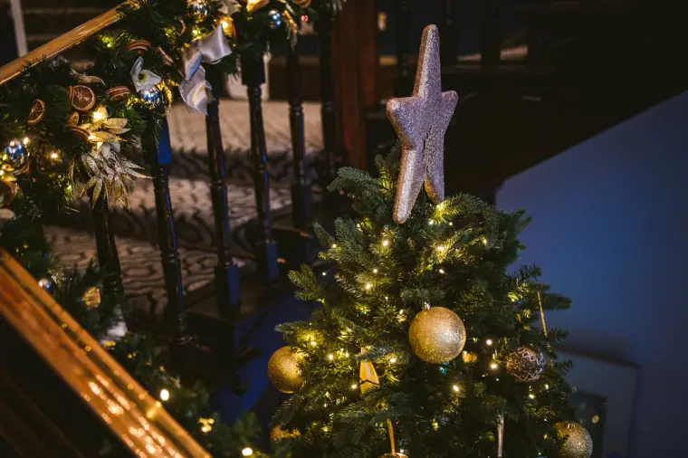 Decorated Christmas tree at the foot of the staircase at Wotton House