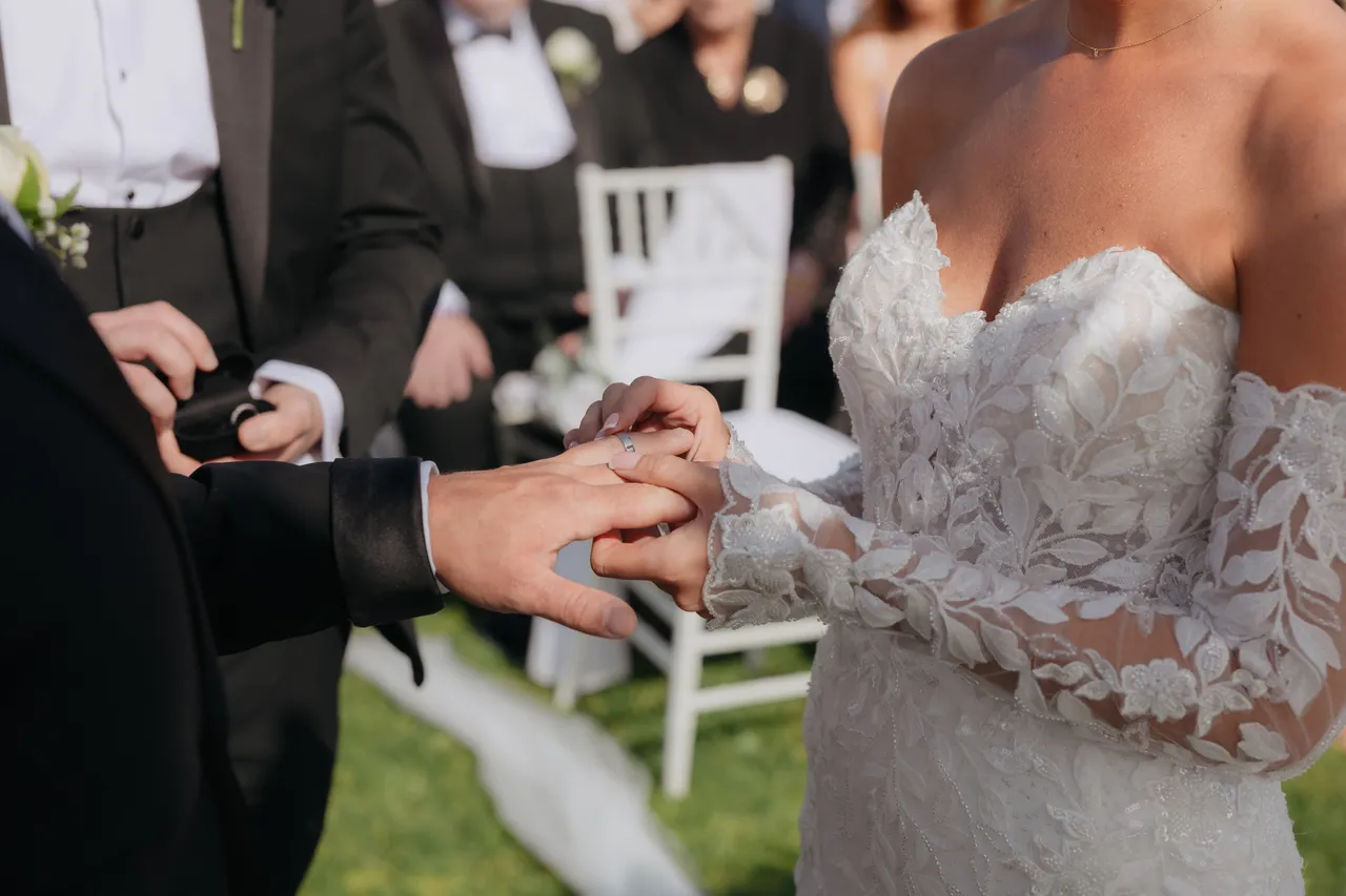 Close-up of the groom placing the ring on the bride's finger