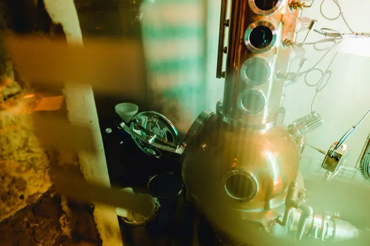 Close-up of copper distilling equipment and gauges at Edinburgh Gin