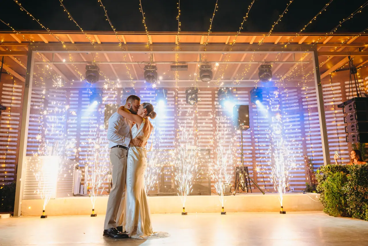 Amy and Tom's first dance between sparkler fountains at Alassos