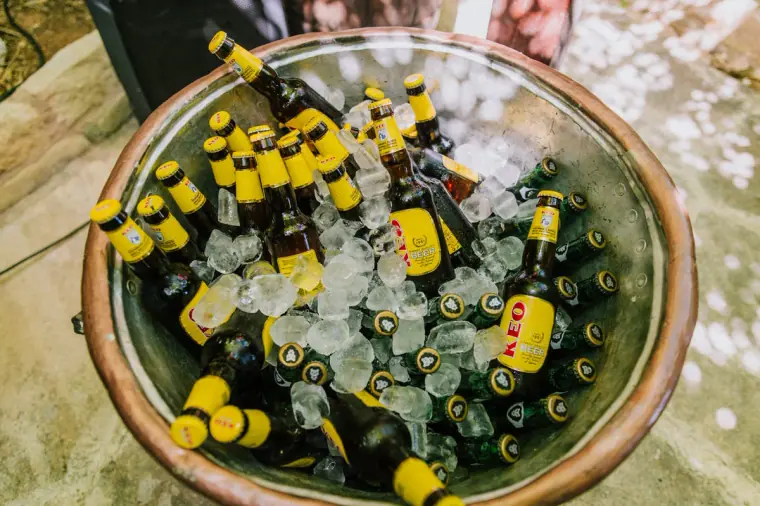 Bucket of KEO beers on ice at the drinks reception