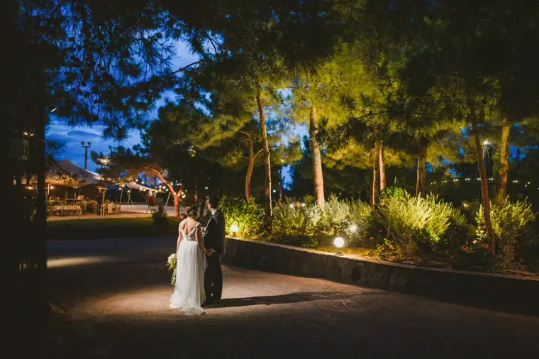 Couple standing on a softly lit garden path beneath pines at blue hour