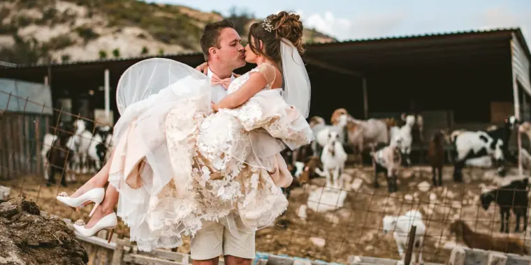 Groom carrying the bride past a pen of goats on a farm