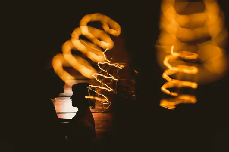 Close-up of glowing spiral filament light bulbs