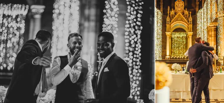 Diptych of groomsmen laughing during the speeches and the couple hugging by the gilded altar