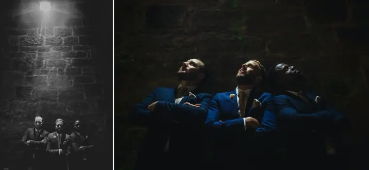 Diptych of the band silhouetted by a spotlight against dark stone walls