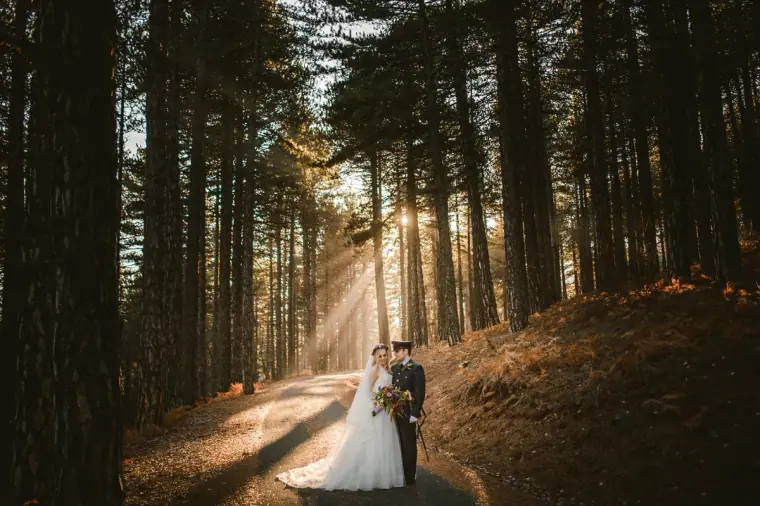 Bride and groom on a forest track as sunbeams stream through tall pines