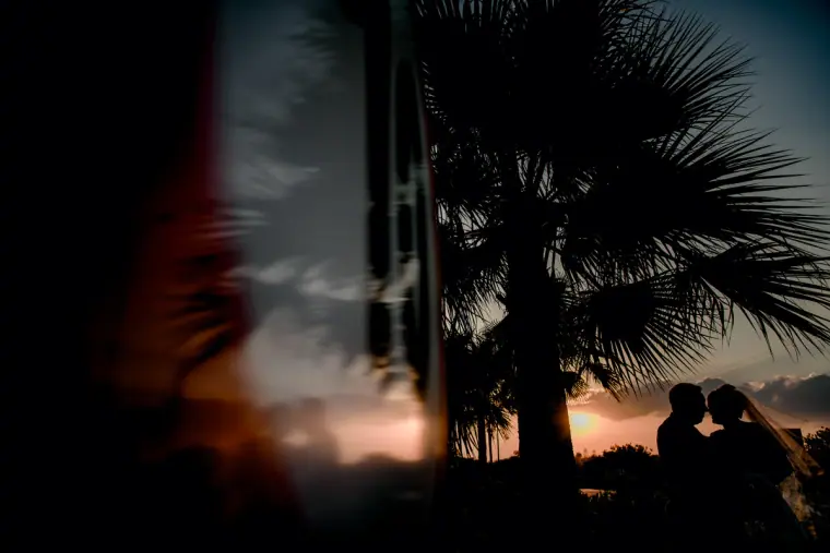 Silhouette of a couple beneath a palm tree against a fading sunset