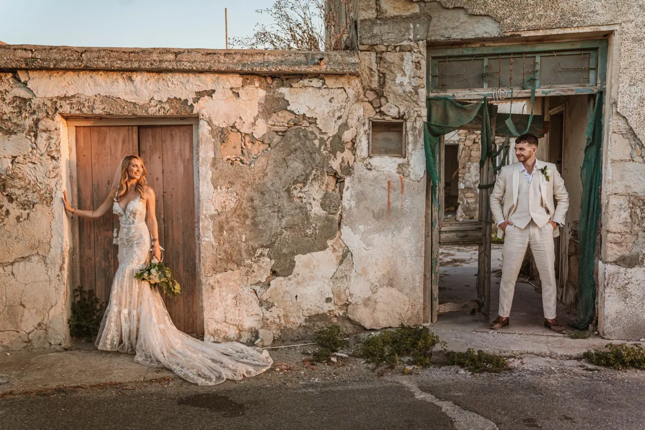 Laura and James at an old stone doorway at Liopetro, Kouklia, Paphos
