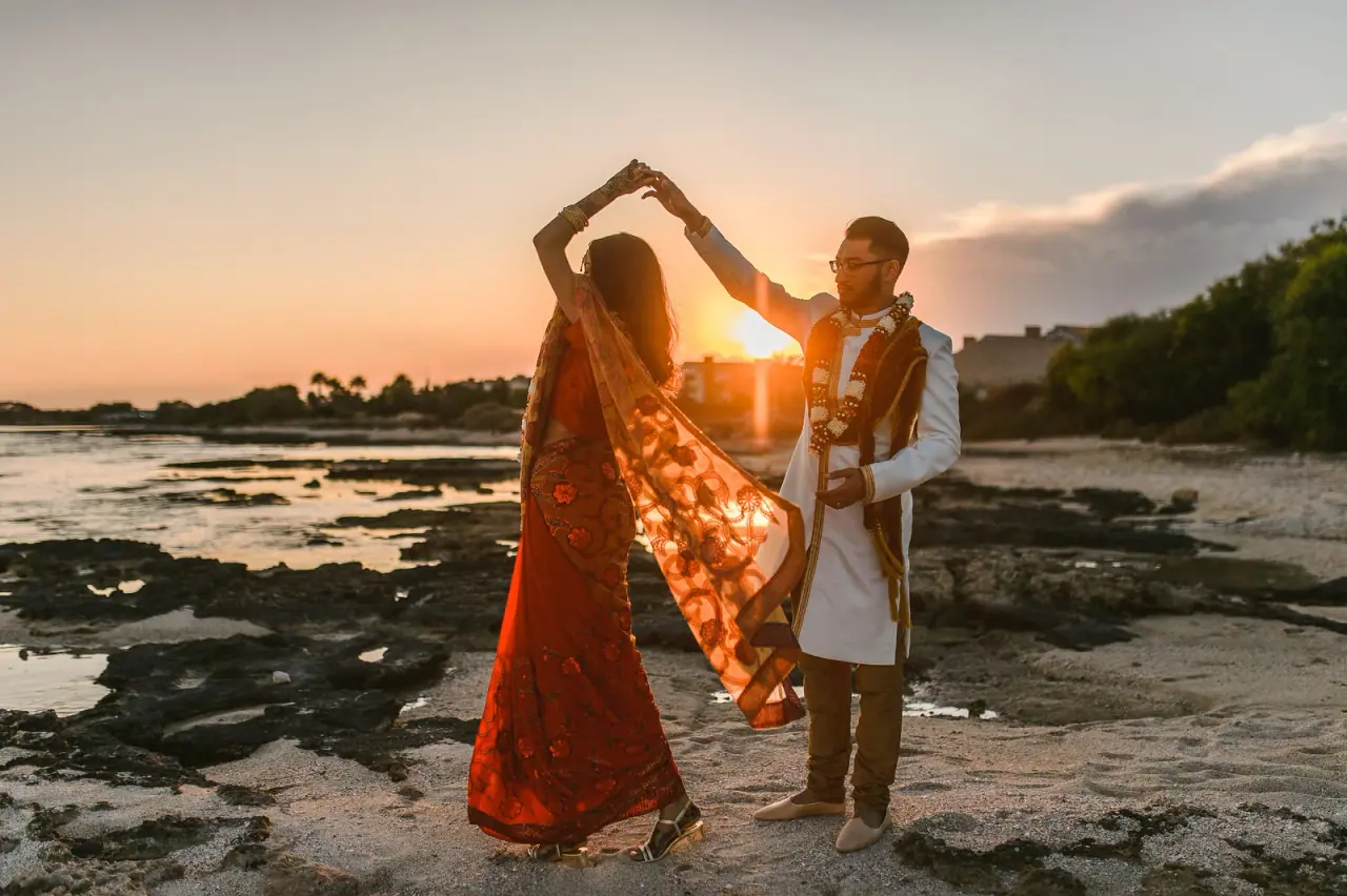 Raya and Adhib dancing at sunset by the sea at Thalassines Beach Villas, Ayia Napa