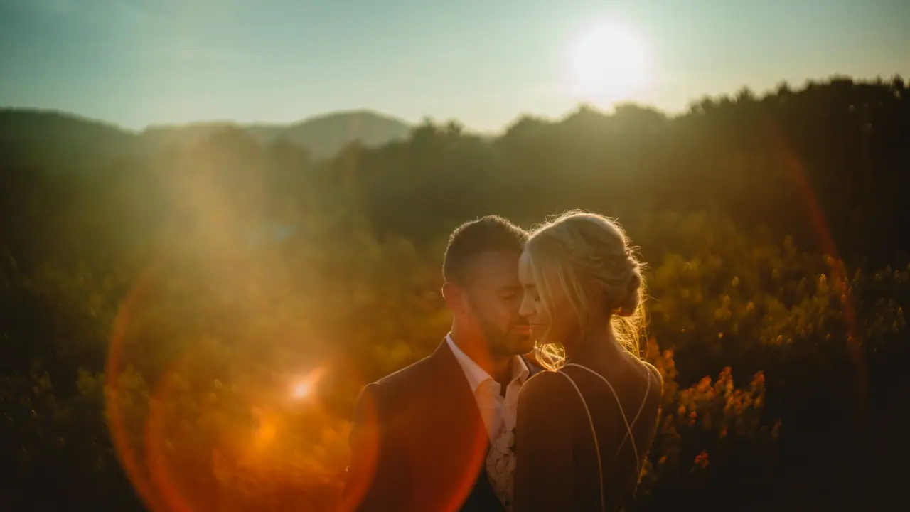 Sophie and Iain sharing a golden-hour moment at Can Gall, Ibiza