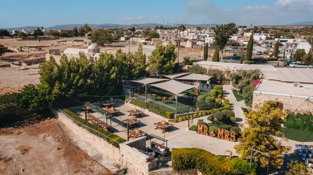 Aerial view of Liopetro's gardens and terraces on the edge of Kouklia village, Paphos